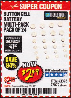 Harbor Freight Coupon BUTTON CELL BATTERY MULTI-PACK PACK OF 24 Lot No. 63398/97072 Expired: 8/31/19 - $2.49
