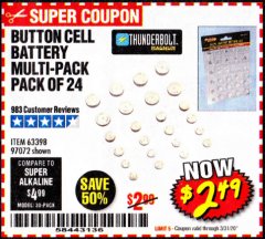 Harbor Freight Coupon BUTTON CELL BATTERY MULTI-PACK PACK OF 24 Lot No. 63398/97072 Expired: 3/31/20 - $2.49