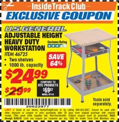 Harbor Freight ITC Coupon ADJUSTABLE HEIGHT HEAVY DUTY WORKSTATION Lot No. 46725 Expired: 6/30/18 - $24.99