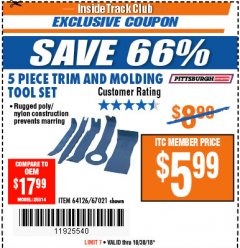 Harbor Freight ITC Coupon 5 PIECE TRIM AND MOLDING TOOL SET Lot No. 64126/67021 Expired: 10/30/18 - $5.99