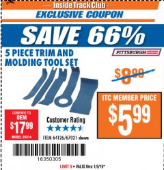 Harbor Freight ITC Coupon 5 PIECE TRIM AND MOLDING TOOL SET Lot No. 64126/67021 Expired: 1/9/19 - $5.99