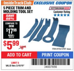 Harbor Freight ITC Coupon 5 PIECE TRIM AND MOLDING TOOL SET Lot No. 64126/67021 Expired: 3/19/19 - $5.99