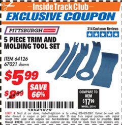 Harbor Freight ITC Coupon 5 PIECE TRIM AND MOLDING TOOL SET Lot No. 64126/67021 Expired: 4/30/19 - $5.99