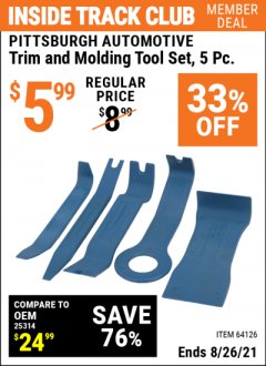 Harbor Freight ITC Coupon 5 PIECE TRIM AND MOLDING TOOL SET Lot No. 64126/67021 Expired: 8/26/21 - $5.99