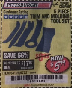 Harbor Freight Coupon 5 PIECE TRIM AND MOLDING TOOL SET Lot No. 64126/67021 Expired: 2/5/19 - $5.99