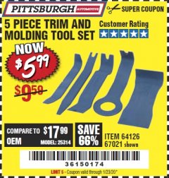 Harbor Freight Coupon 5 PIECE TRIM AND MOLDING TOOL SET Lot No. 64126/67021 Expired: 1/23/20 - $5.99