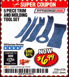 Harbor Freight Coupon 5 PIECE TRIM AND MOLDING TOOL SET Lot No. 64126/67021 Expired: 3/31/20 - $6.99