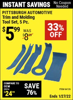Harbor Freight Coupon 5 PIECE TRIM AND MOLDING TOOL SET Lot No. 64126/67021 Expired: 1/27/22 - $5.99
