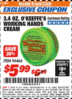 Harbor Freight ITC Coupon 3.4 OZ. O'KEEFE'S WORKING HANDS CREAM Lot No. 96466 Expired: 9/30/18 - $5.99
