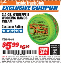 Harbor Freight ITC Coupon 3.4 OZ. O'KEEFE'S WORKING HANDS CREAM Lot No. 96466 Expired: 11/4/18 - $5.99