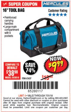 Harbor Freight Coupon HERCULES 16 IN. TOOL BAG Lot No. 63637 Expired: 7/31/18 - $9.99