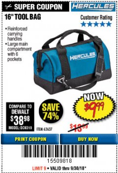 Harbor Freight Coupon HERCULES 16 IN. TOOL BAG Lot No. 63637 Expired: 9/30/18 - $9.99