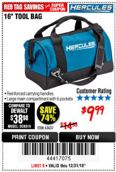 Harbor Freight Coupon HERCULES 16 IN. TOOL BAG Lot No. 63637 Expired: 12/31/18 - $9.99