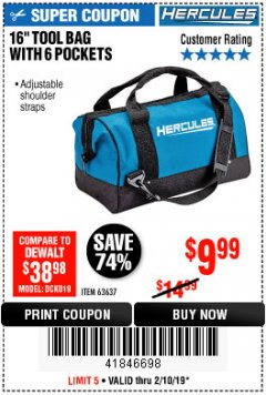 Harbor Freight Coupon HERCULES 16 IN. TOOL BAG Lot No. 63637 Expired: 2/10/19 - $9.99