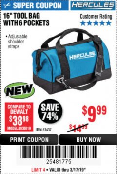 Harbor Freight Coupon HERCULES 16 IN. TOOL BAG Lot No. 63637 Expired: 3/17/19 - $9.99
