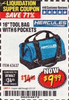 Harbor Freight Coupon HERCULES 16 IN. TOOL BAG Lot No. 63637 Expired: 5/31/19 - $9.99