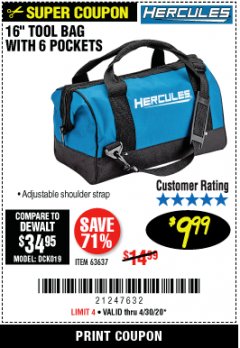 Harbor Freight Coupon HERCULES 16 IN. TOOL BAG Lot No. 63637 Expired: 6/30/20 - $9.99