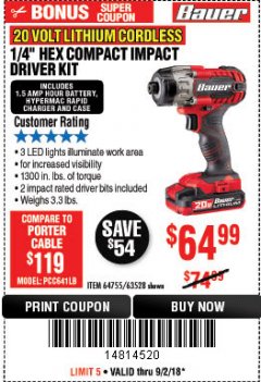 Harbor Freight Coupon BAUER 1/4" HEX COMPACT IMPACT DRIVER KIT Lot No. 63528/64755 Expired: 9/2/18 - $64.99