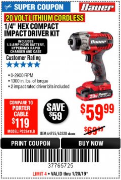 Harbor Freight Coupon BAUER 1/4" HEX COMPACT IMPACT DRIVER KIT Lot No. 63528/64755 Expired: 1/20/19 - $59.99