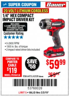Harbor Freight Coupon BAUER 1/4" HEX COMPACT IMPACT DRIVER KIT Lot No. 63528/64755 Expired: 2/3/19 - $59.99