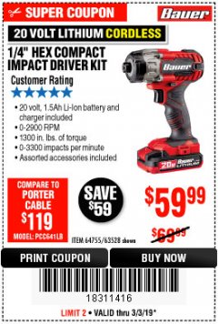 Harbor Freight Coupon BAUER 1/4" HEX COMPACT IMPACT DRIVER KIT Lot No. 63528/64755 Expired: 3/3/19 - $59.99