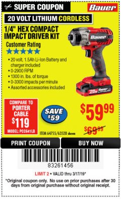 Harbor Freight Coupon BAUER 1/4" HEX COMPACT IMPACT DRIVER KIT Lot No. 63528/64755 Expired: 3/17/19 - $59.99