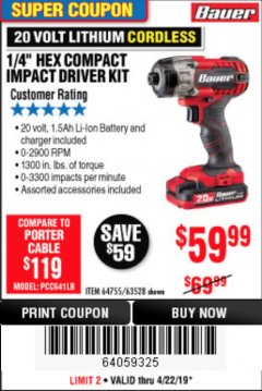 Harbor Freight Coupon BAUER 1/4" HEX COMPACT IMPACT DRIVER KIT Lot No. 63528/64755 Expired: 4/23/19 - $59.99