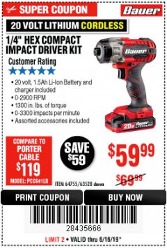 Harbor Freight Coupon BAUER 1/4" HEX COMPACT IMPACT DRIVER KIT Lot No. 63528/64755 Expired: 6/16/19 - $59.99