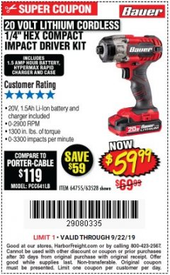 Harbor Freight Coupon BAUER 1/4" HEX COMPACT IMPACT DRIVER KIT Lot No. 63528/64755 Expired: 9/22/19 - $59.99