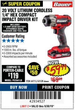 Harbor Freight Coupon BAUER 1/4" HEX COMPACT IMPACT DRIVER KIT Lot No. 63528/64755 Expired: 9/30/19 - $59.99