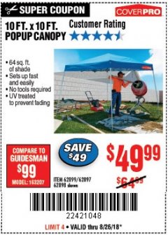 Harbor Freight Coupon COVERPRO 10 FT. X 10 FT. POPUP CANOPY Lot No. 62898/62897/62899/69456 Expired: 8/26/18 - $49.99