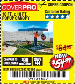Harbor Freight Coupon COVERPRO 10 FT. X 10 FT. POPUP CANOPY Lot No. 62898/62897/62899/69456 Expired: 11/30/18 - $54.99