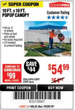 Harbor Freight Coupon COVERPRO 10 FT. X 10 FT. POPUP CANOPY Lot No. 62898/62897/62899/69456 Expired: 10/28/18 - $54.99