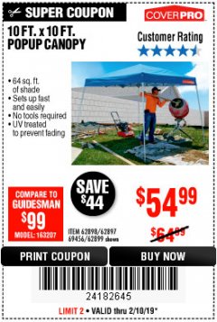 Harbor Freight Coupon COVERPRO 10 FT. X 10 FT. POPUP CANOPY Lot No. 62898/62897/62899/69456 Expired: 2/10/19 - $54.99