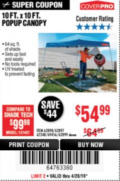 Harbor Freight Coupon COVERPRO 10 FT. X 10 FT. POPUP CANOPY Lot No. 62898/62897/62899/69456 Expired: 4/28/19 - $54.99