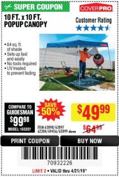 Harbor Freight Coupon COVERPRO 10 FT. X 10 FT. POPUP CANOPY Lot No. 62898/62897/62899/69456 Expired: 4/21/19 - $49.99