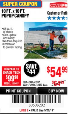 Harbor Freight Coupon COVERPRO 10 FT. X 10 FT. POPUP CANOPY Lot No. 62898/62897/62899/69456 Expired: 5/20/19 - $54.99