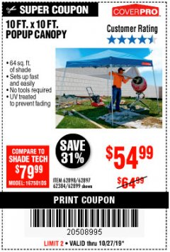 Harbor Freight Coupon COVERPRO 10 FT. X 10 FT. POPUP CANOPY Lot No. 62898/62897/62899/69456 Expired: 10/27/19 - $54.99