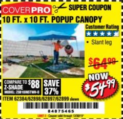 Harbor Freight Coupon COVERPRO 10 FT. X 10 FT. POPUP CANOPY Lot No. 62898/62897/62899/69456 Expired: 12/30/19 - $54.99