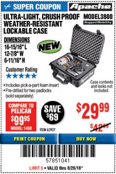 Harbor Freight Coupon APACHE 3800 WEATHERPROOF PROTECTIVE CASE Lot No. 63927 Expired: 8/26/18 - $29.99