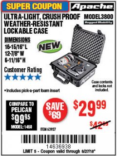 Harbor Freight Coupon APACHE 3800 WEATHERPROOF PROTECTIVE CASE Lot No. 63927 Expired: 8/27/18 - $29.99