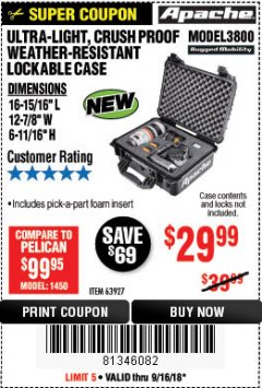 Harbor Freight Coupon APACHE 3800 WEATHERPROOF PROTECTIVE CASE Lot No. 63927 Expired: 9/16/18 - $29.99