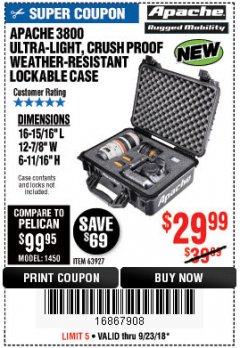 Harbor Freight Coupon APACHE 3800 WEATHERPROOF PROTECTIVE CASE Lot No. 63927 Expired: 9/23/18 - $29.99