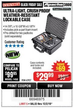 Harbor Freight Coupon APACHE 3800 WEATHERPROOF PROTECTIVE CASE Lot No. 63927 Expired: 12/2/18 - $29.99