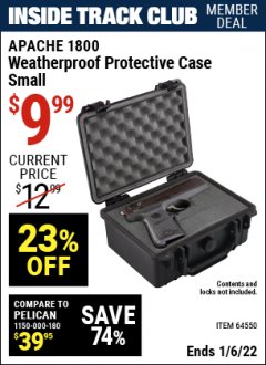 Harbor Freight ITC Coupon APACHE 1800 WEATHERPROOF PROTECTIVE CASE Lot No. 64550/63518 Expired: 1/6/22 - $9.99