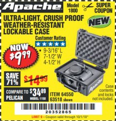 Harbor Freight Coupon APACHE 1800 WEATHERPROOF PROTECTIVE CASE Lot No. 64550/63518 Expired: 10/1/18 - $9.99
