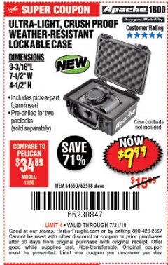 Harbor Freight Coupon APACHE 1800 WEATHERPROOF PROTECTIVE CASE Lot No. 64550/63518 Expired: 7/31/18 - $9.99