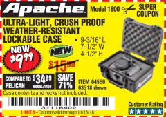 Harbor Freight Coupon APACHE 1800 WEATHERPROOF PROTECTIVE CASE Lot No. 64550/63518 Expired: 11/15/18 - $9.99