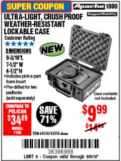 Harbor Freight Coupon APACHE 1800 WEATHERPROOF PROTECTIVE CASE Lot No. 64550/63518 Expired: 8/6/18 - $9.99