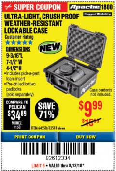 Harbor Freight Coupon APACHE 1800 WEATHERPROOF PROTECTIVE CASE Lot No. 64550/63518 Expired: 8/13/18 - $9.99
